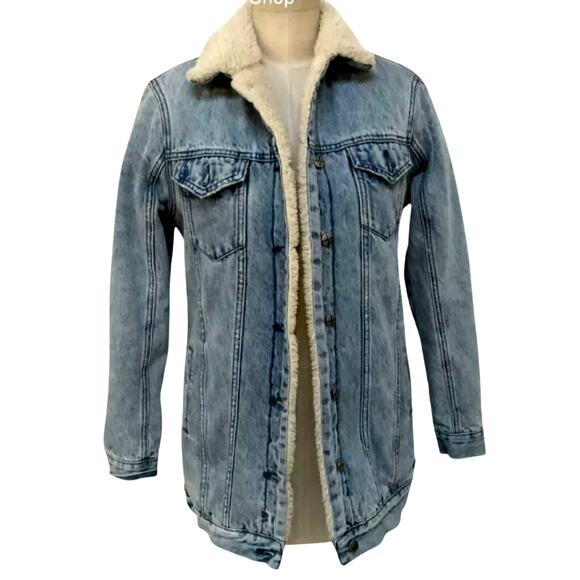 KSUBI Sherpa-Lined Long Denim Jacket – Women’s XS – Light Wash - Picture 1 of 5
